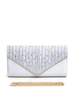 Crystal Pave Pleated Satin Clutch Bag 136-21036 SILVER